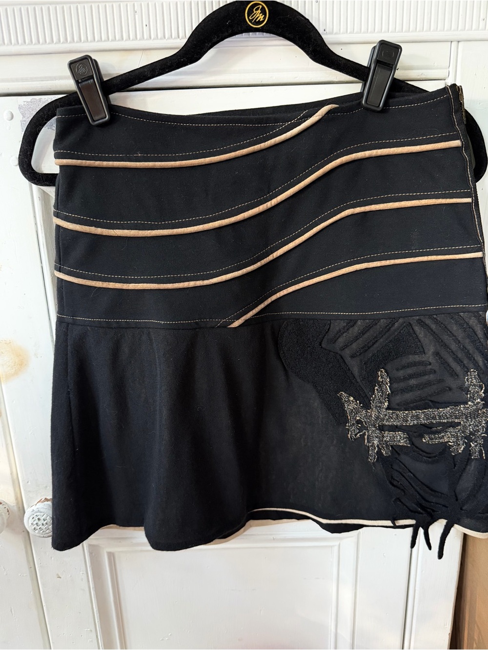 OHDD Italian Black Mini Skirt with Tan Trim and Embellished Detail